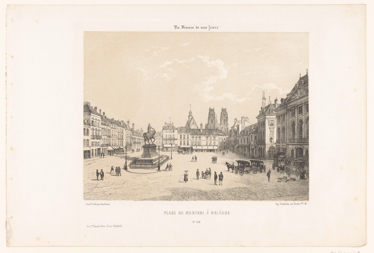 Pohled na náměstí Place du Martroi v Orléans Place du Martroi à Orleans (název na objektu) Současná Francie (název série) La France de nos jours (název série na objektu) od Leon Auguste Asselineau