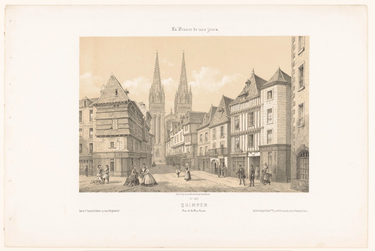 Pohled na Rue Kéréon a katedrálu v Quimper Quimper. Vue de la rue Kerion (název na objektu) Současná Francie (název série) La France de nos jours (název série na objektu) od Leon Auguste Asselineau