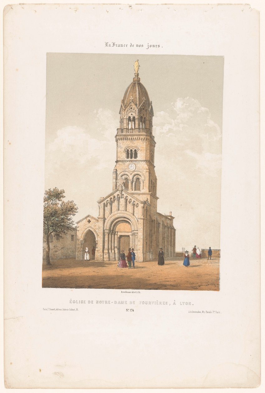 Zicht op de basilica Notre-Dame de Fourvière v Lyonu Kostel Notre-Dame de Fourvières v Lyonu (název na objektu) Hedendaags Frankrijk (název série) Současná Francie (název série na objektu) od Leon Auguste Asselineau