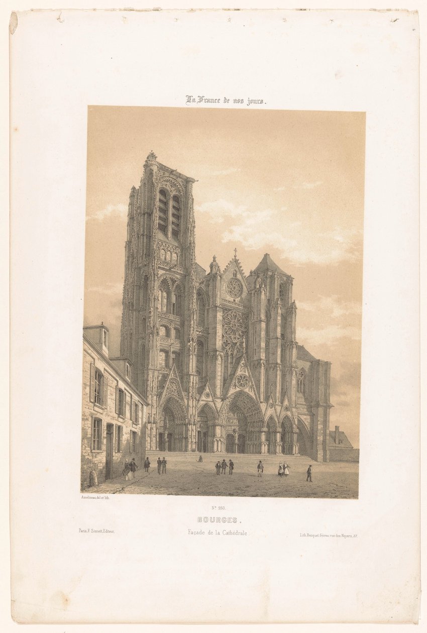 Pohled na průčelí katedrály v Bourges Bourges. Façade de la cathédrale (titul na objektu) Současná Francie (název série) La France de nos jours (název série na objektu) od Leon Auguste Asselineau