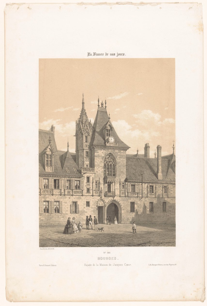 Pohled na průčelí Palais Jacques-Coeur v Bourges Bourges. Façade de la Maison de Jacques Coeur (titul na objektu) Současná Francie (název série) La France de nos jours (název série na objektu) od Leon Auguste Asselineau