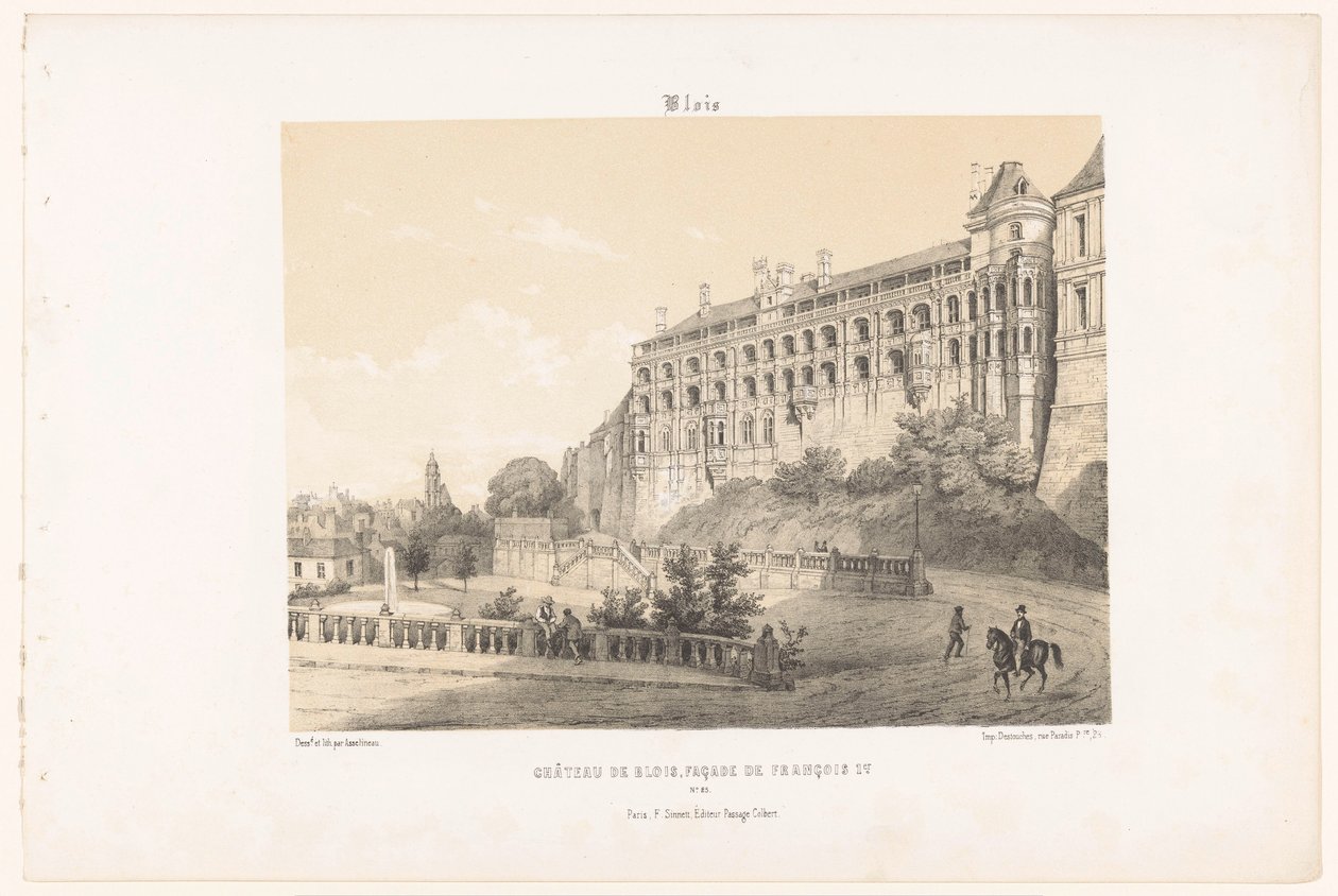 Pohled na průčelí krále Františka I. hradu Blois blois. Château de Blois, fasáda de François Ier. (název na objektu) Současná Francie (název série) La France de nos jours (název série) od Leon Auguste Asselineau
