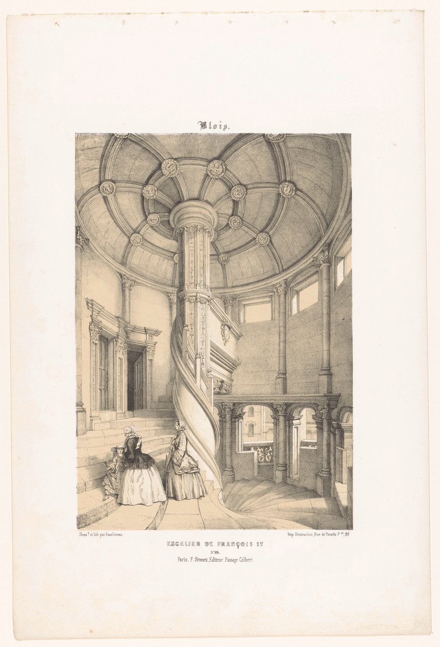 Pohled na točité schodiště krále Františka I. v Blois blois. Escalier de François Ier (název na objektu) Současná Francie (název série) La France de nos jours (název série) od Leon Auguste Asselineau