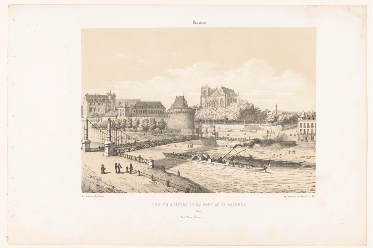 Pohled na hrad a Pont de la Rotonde nad Loirou v Nantes Nantes. Vue du chateau et du pont de la Rotonde (název na objektu) Současná Francie (název série) La France de nos jours (název série) od Leon Auguste Asselineau