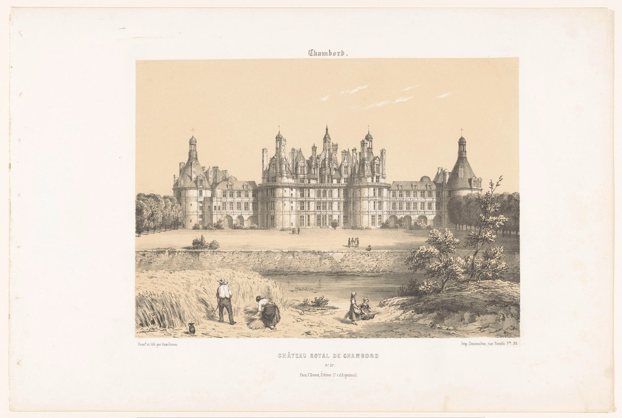 Pohled na Château de Chambord na Loiře Chambord. Château Royal de Chambord (název na objektu) Současná Francie (název série) La France de nos jours (název série) od Leon Auguste Asselineau