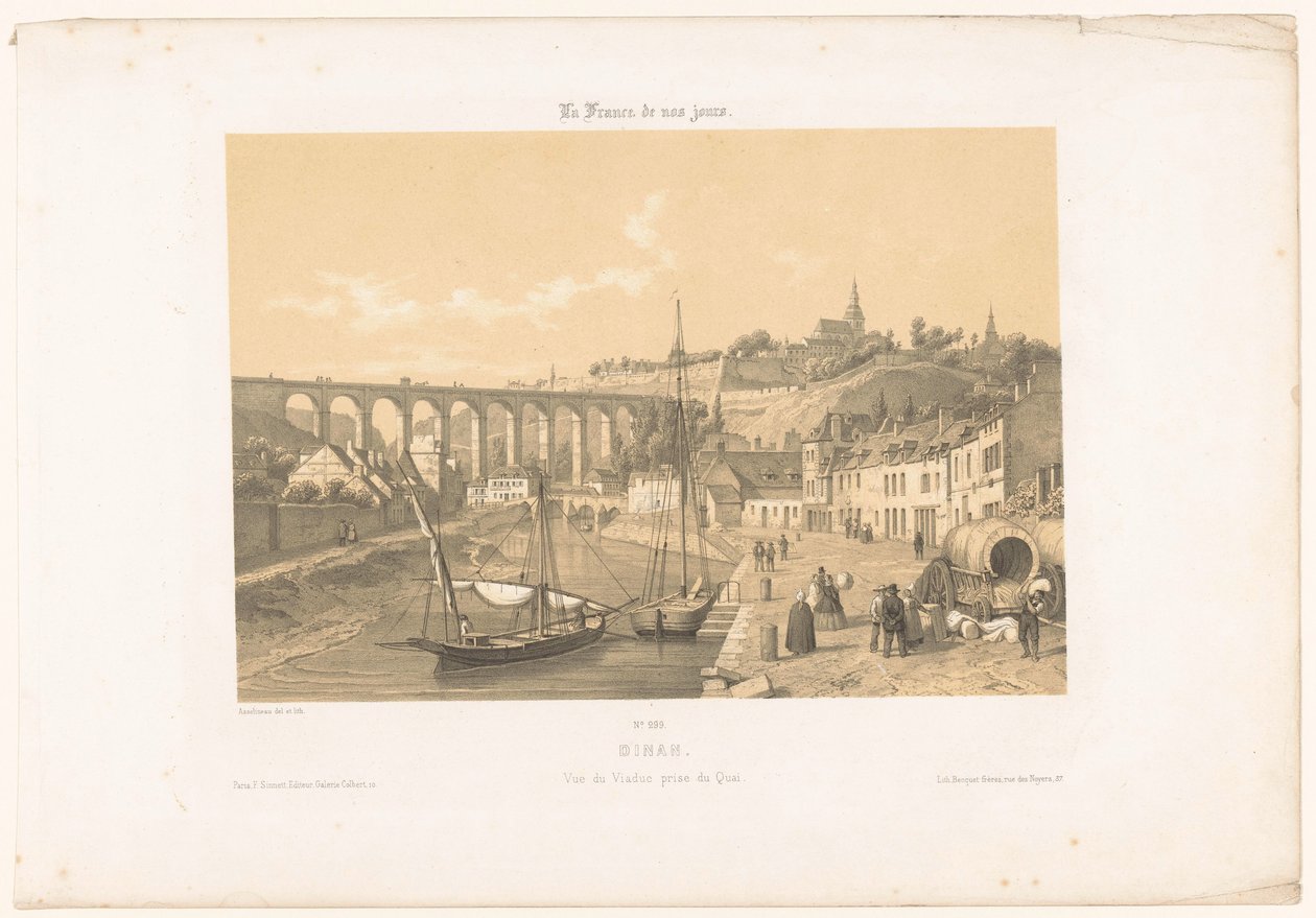 Pohled na viadukt Dinan z nábřeží Dinan. Vue du viaduc cena du quai (název na objektu) Současná Francie (název série) La France de nos jours (název série na objektu) od Leon Auguste Asselineau