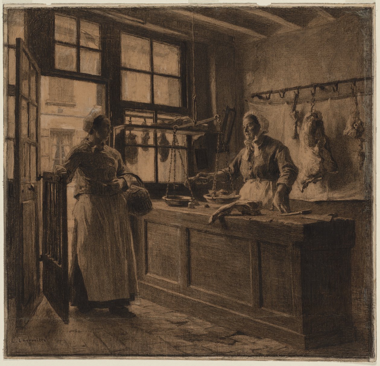Interiér řeznictví, cca 1881 (uhel a černá křída zvýrazněné bílou křídou) od Leon Augustin Lhermitte