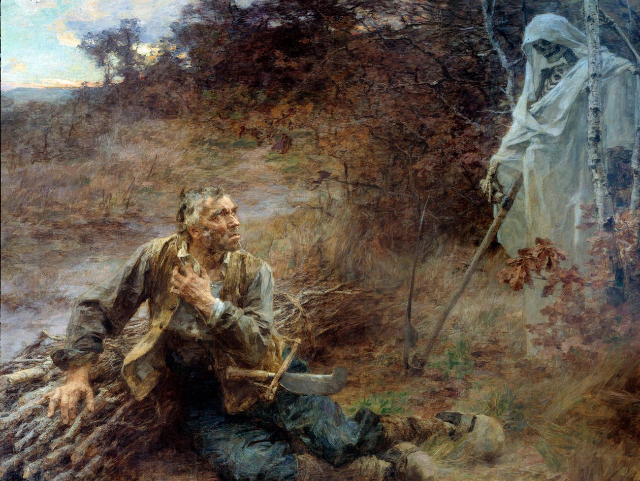 Smrt a dřevorubec Ilustrace k bajce Jean de La Fontaine (1621-1695) Obraz Leon Augustin Lhermitte (1844-1925) 1893, 2,06 x 2,42 m Chateau Thierry, muzeum La Fontaine - Smrt a dřevorubec. Ilustrace k bajce Jean de La od Leon Augustin Lhermitte