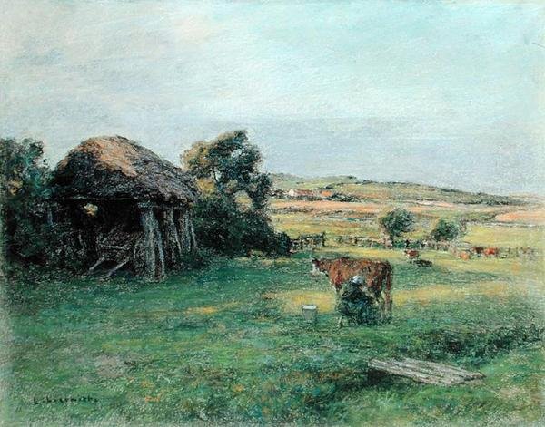 Krajina s rolničkou dojící krávu, polovina 80. let 19. století (olej na plátně) od Leon Augustin Lhermitte