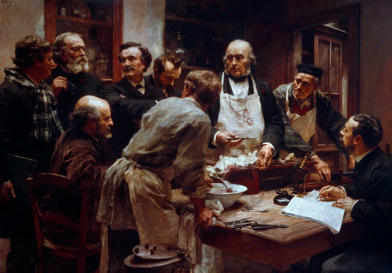 Pitevní kurz lékaře Clauda Bernarda (1813-1878) (se zástěrou) za přítomnosti jeho žáků Paula Berta (1833-1886) a Arsonvalův Arsene (1851-1940) obraz Leon Augustin Lhermitte (1844-1925) 19. století Paříž, Akademie věd od Leon Augustin Lhermitte