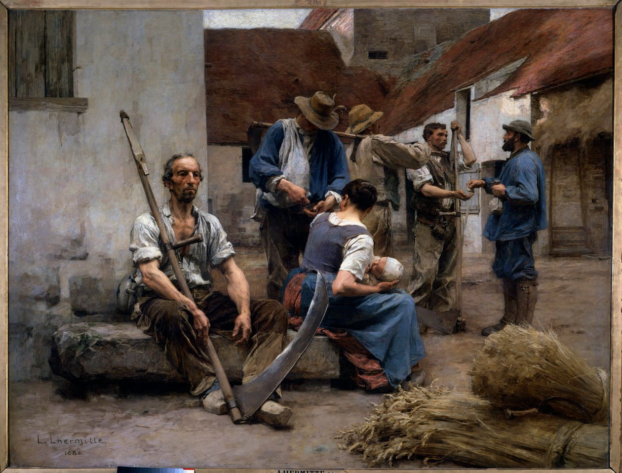 Výplatní listina rolnických kombajnů na hospodářském dvoře, jeden z nich drží falešný. Obraz Leon Augustin Lhermitte (1844-1925) 1882 Sun. 2,15x2,72 m Paříž, musee d
