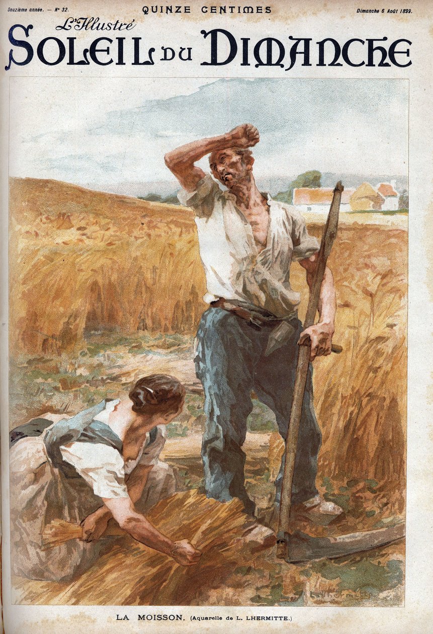sklizeň. Rolníci sečení pšenice na poli. (podle akvarelu L. Lhermitte) Rytina v „“ Le sun-du-dimanche“, 6. srpna od Leon Augustin Lhermitte