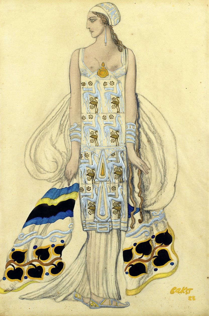 Kostýmní návrh pro Idu Rubinstein v dramatu Phaedra (Phedre) od Jean Racine - Bakst, Leon (1866-1924) - 1923 - Kvaš a inkoust na papíře - 48x32 - Soukromá sbírka od Leon Bakst
