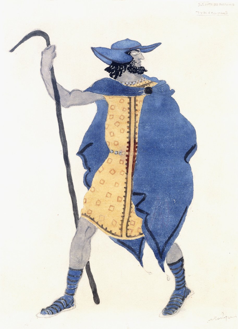 Návrh kostýmů pro Oidipa v Colonus-The Stranger, c. 1899-1909 (tužka, s/c a stříbrná barva na papíře) od Leon Bakst