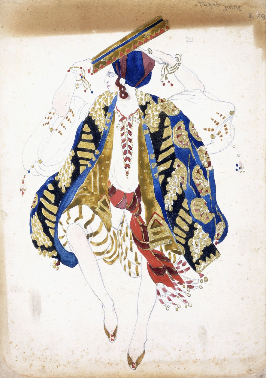 Kostýmní návrh pro tanečníka v "Danse Juive", na sobě kalhotky a turban, hrajícího na tamburínu, od Leon Bakst