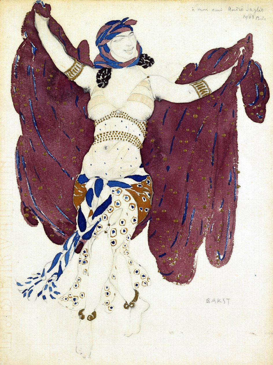 Kostýmní návrh baletu A. Arensky Kleopatra od Leon Bakst