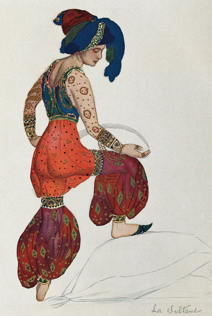 Kostým Václava Nižinského nebo Nižinského (1889-1950) pro postavu sultána v baletu "Šeherezáda" 1910 (akvarel na papíře) od Leon Bakst
