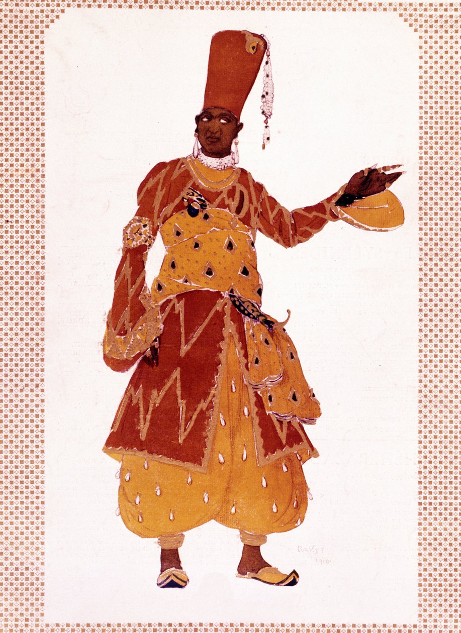 Kostým velkého eunucha kreslí Lva Samoiloviče Rosenberga zvaného Leon Bakst (1866-1924) pro balet „Šeherezáda“ (nebo Šeherezáda), který složil Nikolaj Andrejevič Rimskij-Korsakov (Rimskij Korsakov nebo Rimskij Korsakov od Leon Bakst