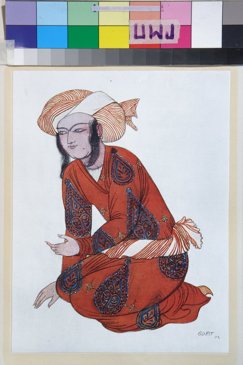 Kostým pro balet Šeherezáda od Nikolaje Rimského Korsakova (Rimskij-Korsakov) (1844-1908) - Dílo Leona Baksta (1866-1924), litografie 1922 - (Návrh kostýmů pro balet Šeherezáda od Nikolaje Rimského Korsakova, Color, od Leona Baksta lith od Leon Bakst