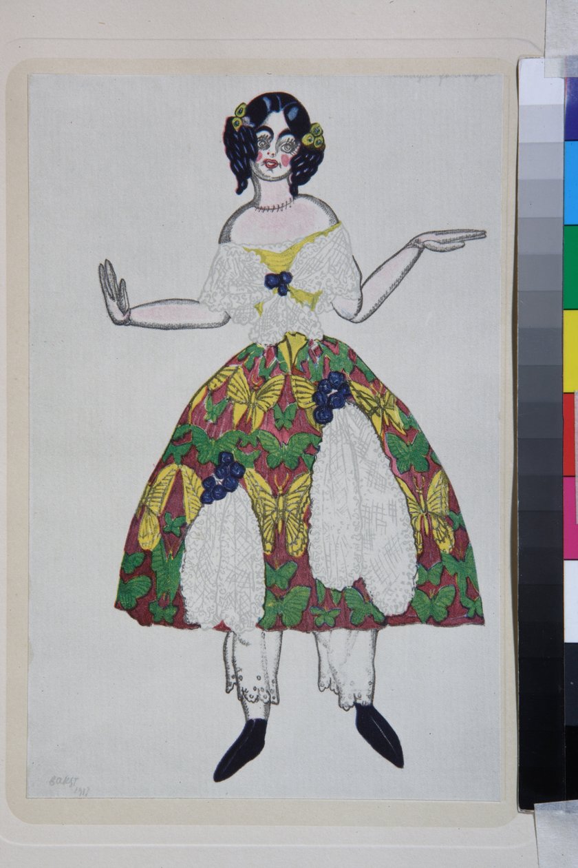 Kostým pro balet La boutique Fantasque od Gioachina Rossiniho - Dílo Leona Baksta (1866-1924), litografie 1919 - (Návrh kostýmů pro balet "The Magic Toy Shop"" od Gioachina Rossiniho, od Leona Baksta, Barevná litografie od Leon Bakst