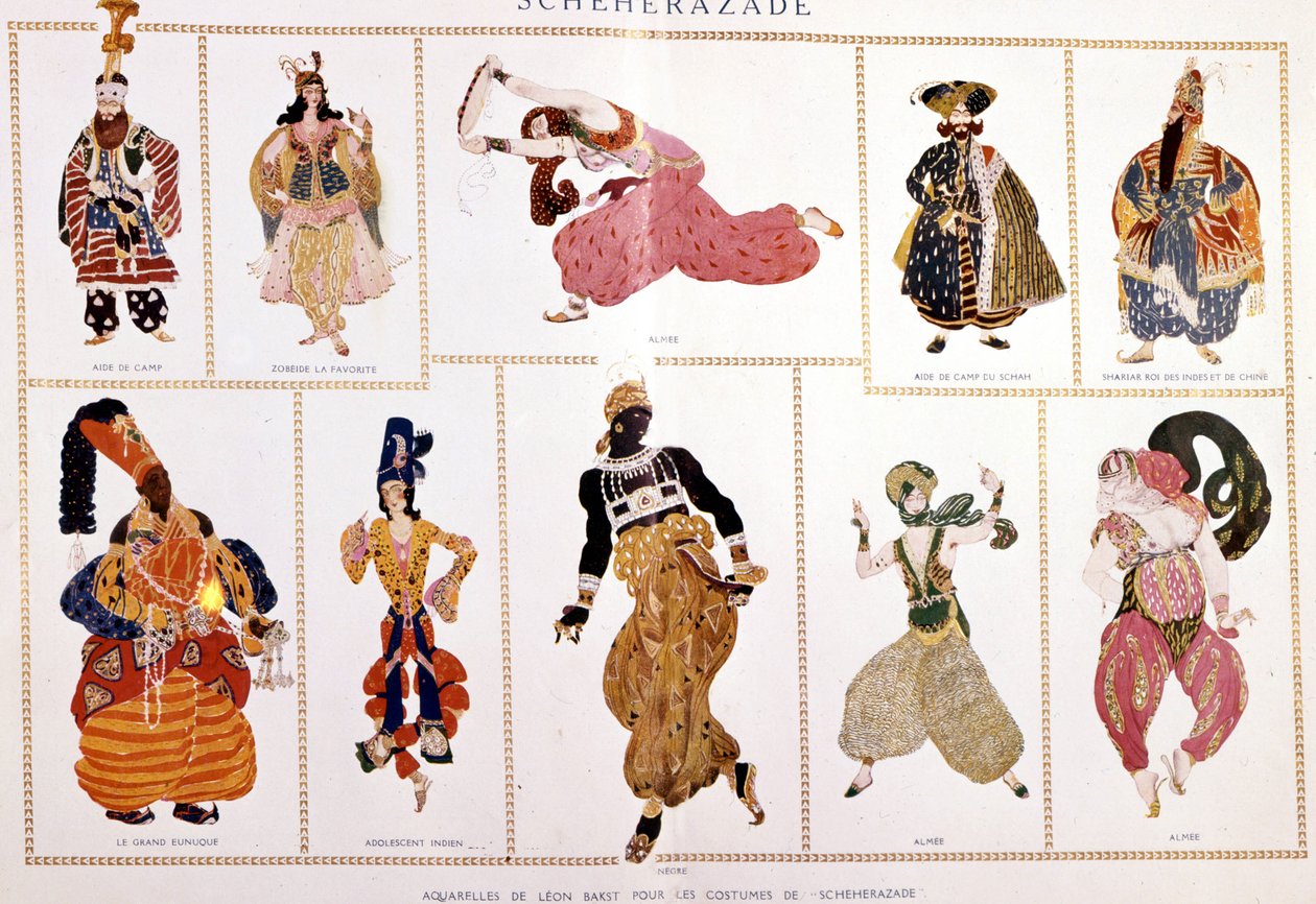 Kostýmy pro "" Sacheherezade "" (Seherezade). B. Nicholas (Nikolai) Rimsky Kroskov (Rimsky-Kroskov) (1844-1906), režie B. Leo box. od Leon Bakst