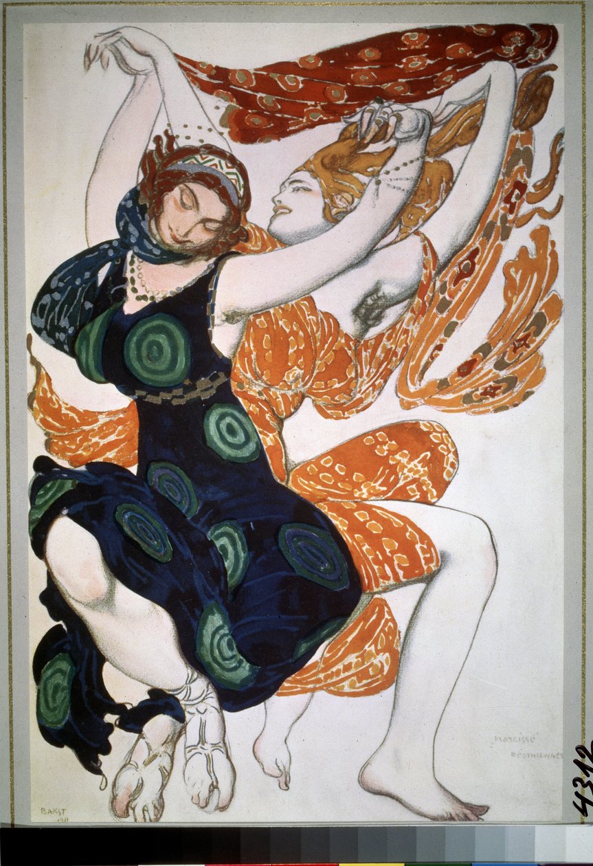 Dva beotienne, kostým pro balet ""Narcisse"" od Nikolaje Tcherepnina (Nicolas Tcherepnin) (1873-1945) (Dva beotienne, kostýmní návrh pro balet Narcisse od N. Tcherepnina). Kresba Leona Baksta (1866-1924). Akvarel, kvaš, zlato a stříbro na pa od Leon Bakst