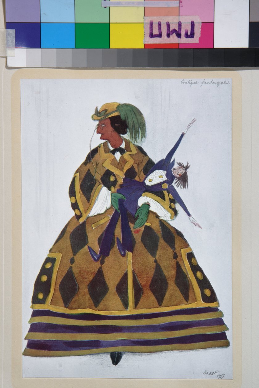 Angličanka, kostým pro balet la boutique Fantasque od Gioachina Rossiniho - Dílo Leona Baksta (1866-1924), litografie 1919 - (Návrh kostýmů pro balet "The Magic Toy Shop"" od Gioachina Rossiniho, Leon Bakst, Barva litografie od Leon Bakst