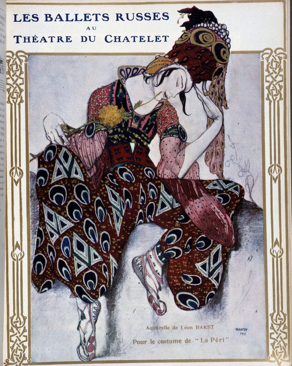 Les Ballets Russians au theatre du Chatelet: kostým pro “” La Peri”” - akvarel od Baksta, cov. v "" Comoedia ilustrováno"" od Leon Bakst