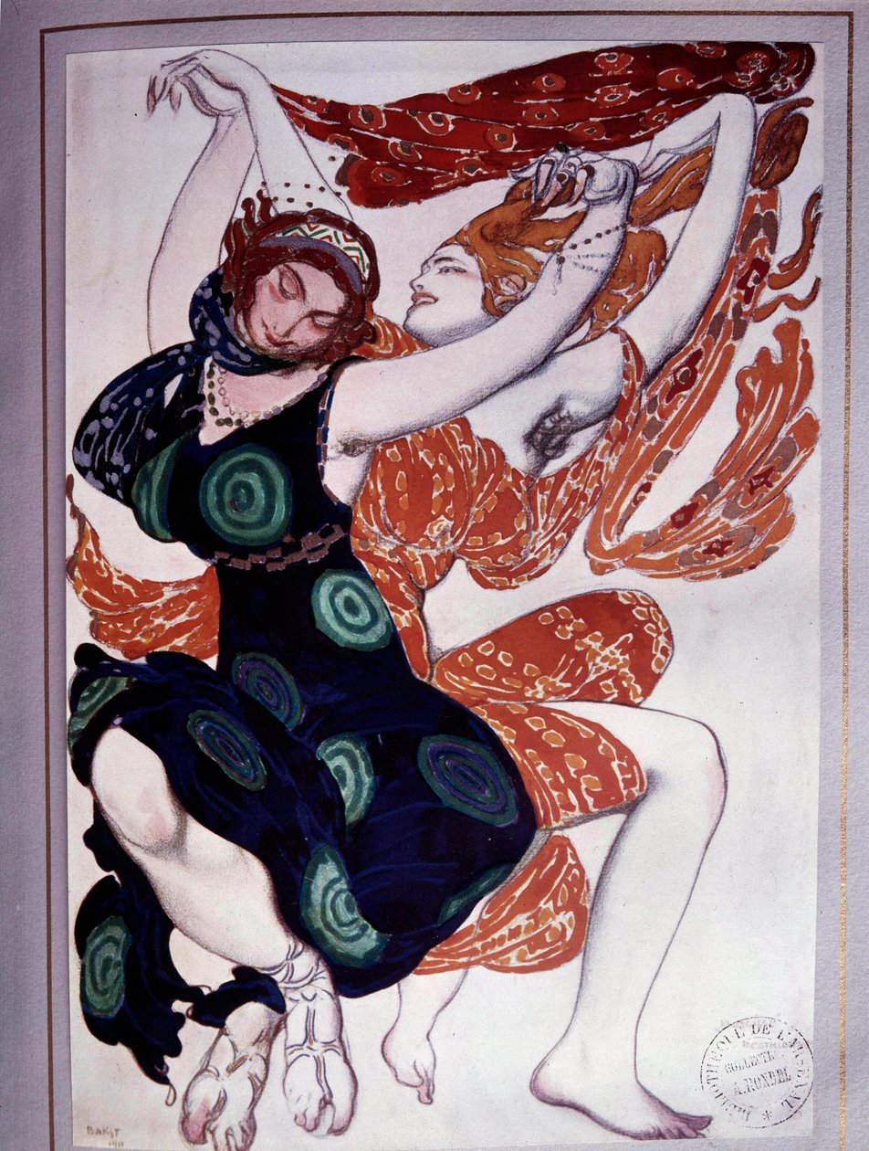 Choreografie Les bacchantes z „Odpoledne fauna“ od Václava Nijinského (1889-1950) po „Předehra Faunova odpoledne“ od Clauda Debussyho (1862-1918) od Leon Bakst