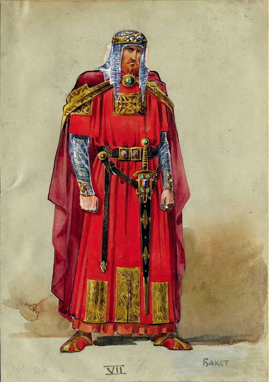 Středověký princ, návrh kostýmů (akvarel a kvaš na papíře) od Leon Bakst