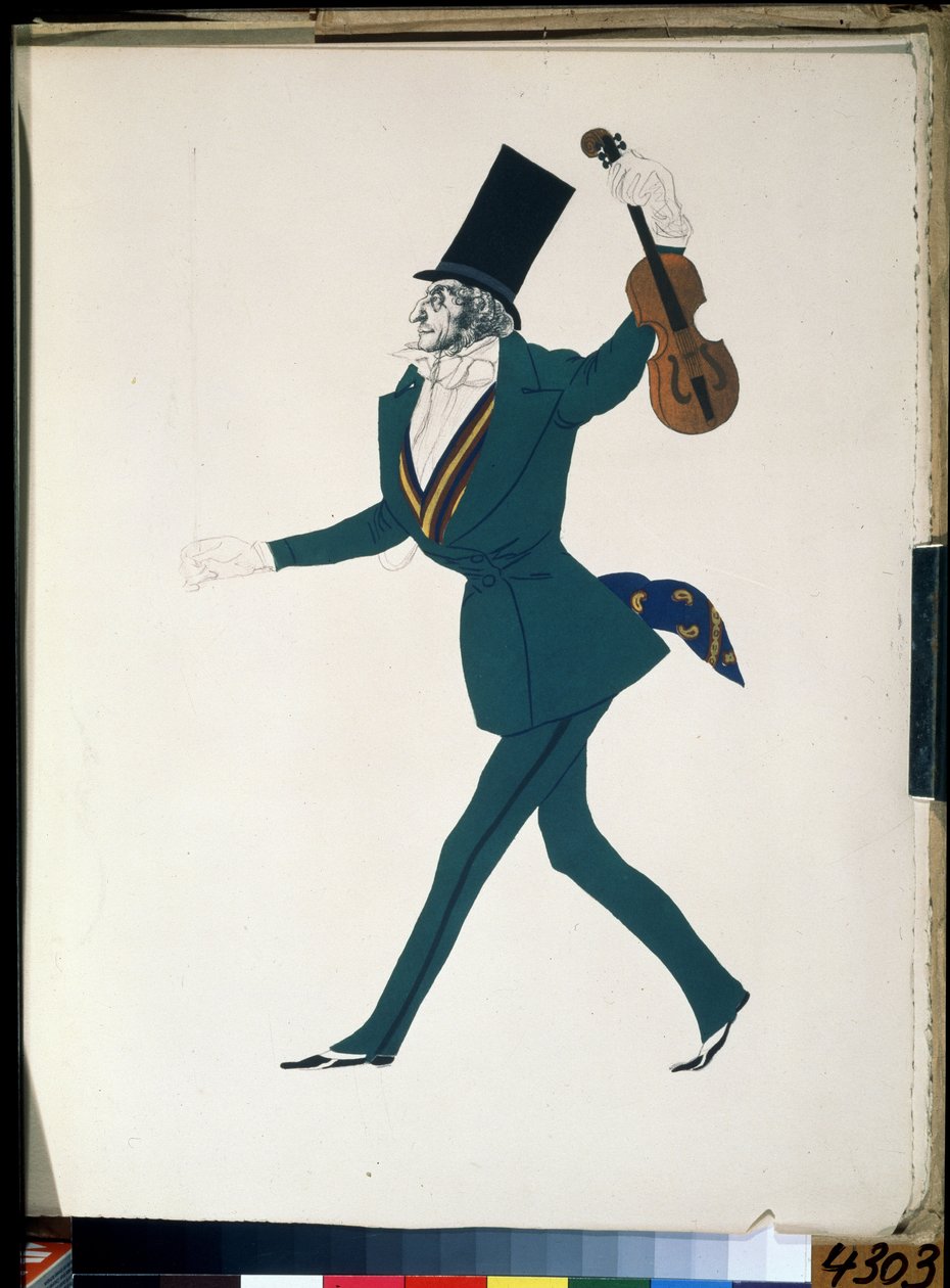 Niccolo Paganini (1782-1840), kostým pro balet "Kouzelná noc"" Frederica Chopina (1810-1849) (Niccolo Paganini, kostýmní návrh pro balet Kouzelná noc F. Chopina). Kresba Leona Baksta (1866-1924). Kvaš a inkoust na papíře od Leon Bakst