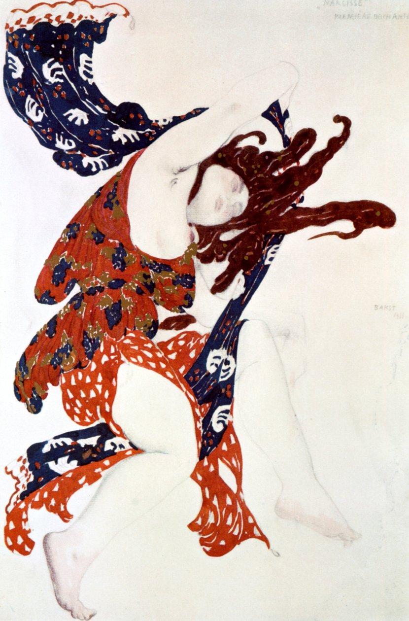 Premiéra Bacchante, kostýmní návrh pro inscenaci Tcherepnins Narcisse, 1911 od Leon Bakst