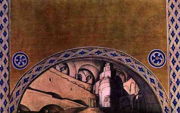 Scenérie pro mučedníka svatého Šebestiána, kolem 1911-22 (barevné lito) od Leon Bakst