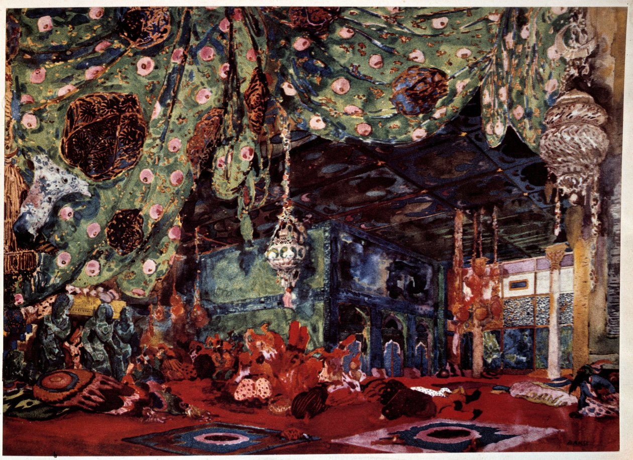 Scénografie Leon Bakst (1866-1924), ruský malíř a dekoratér pro operu "Šeherezáda" (Šeherezáda) od Nicholase (Nikolaje) Rimského Korsakova (Rimski-Korsakov) (1844-1908). od Leon Bakst
