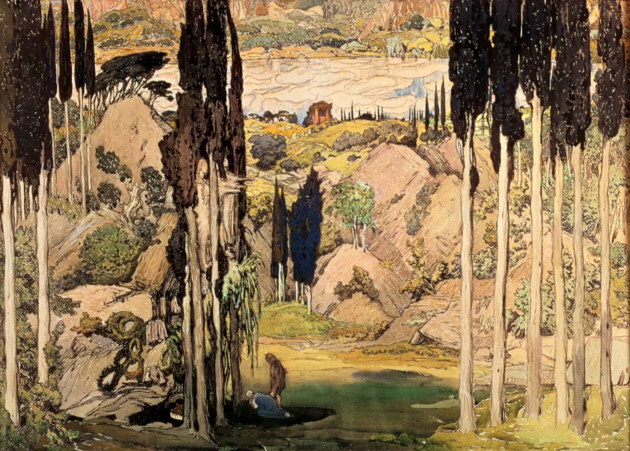 Scénografie pro dějství II baletu Russes inscenace Ravels Daphnis a Chloe, 1912 od Leon Bakst