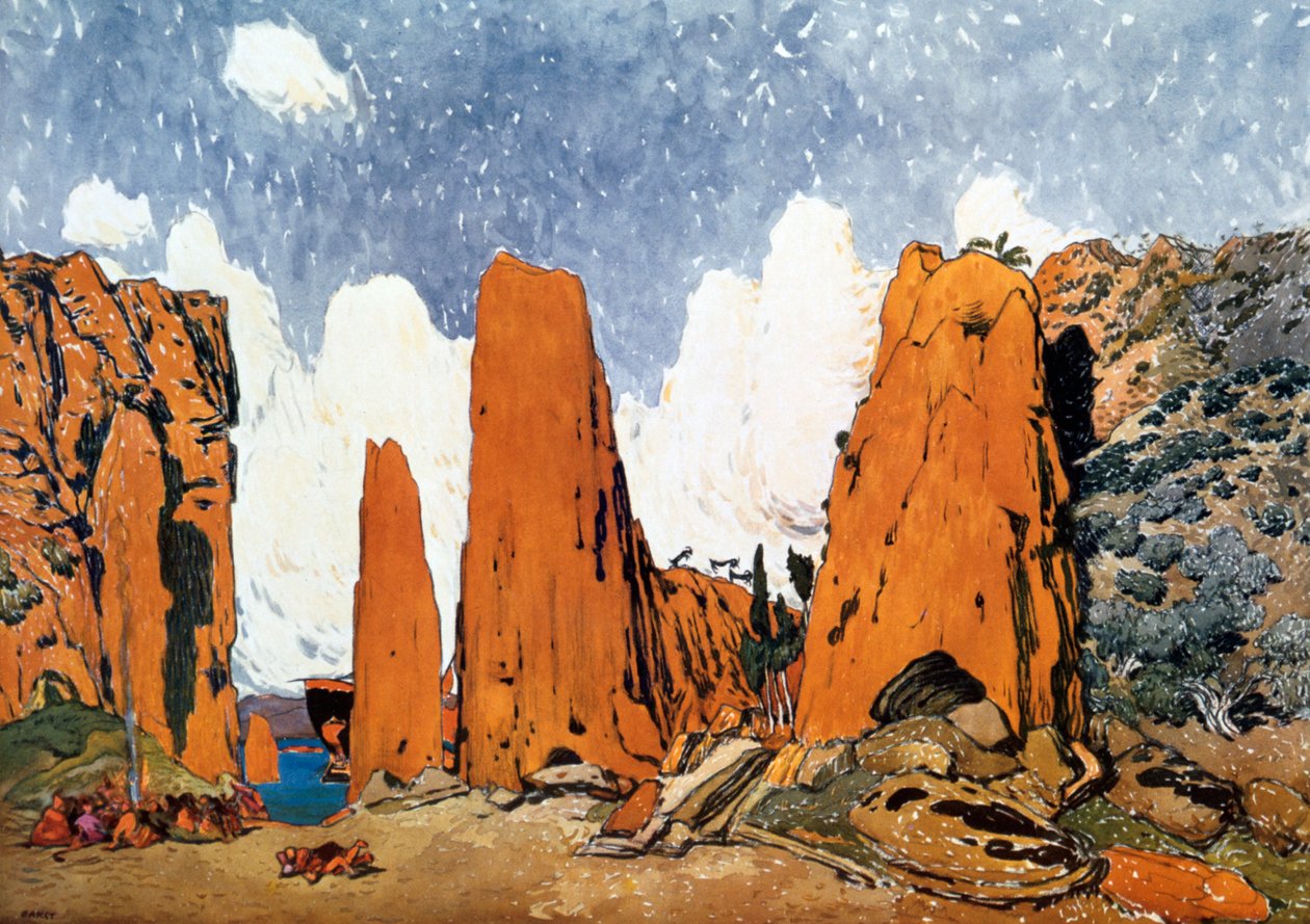 Scénografie pro inscenaci Ballets Russes Ravels Daphnis et Chloe, 1912 od Leon Bakst