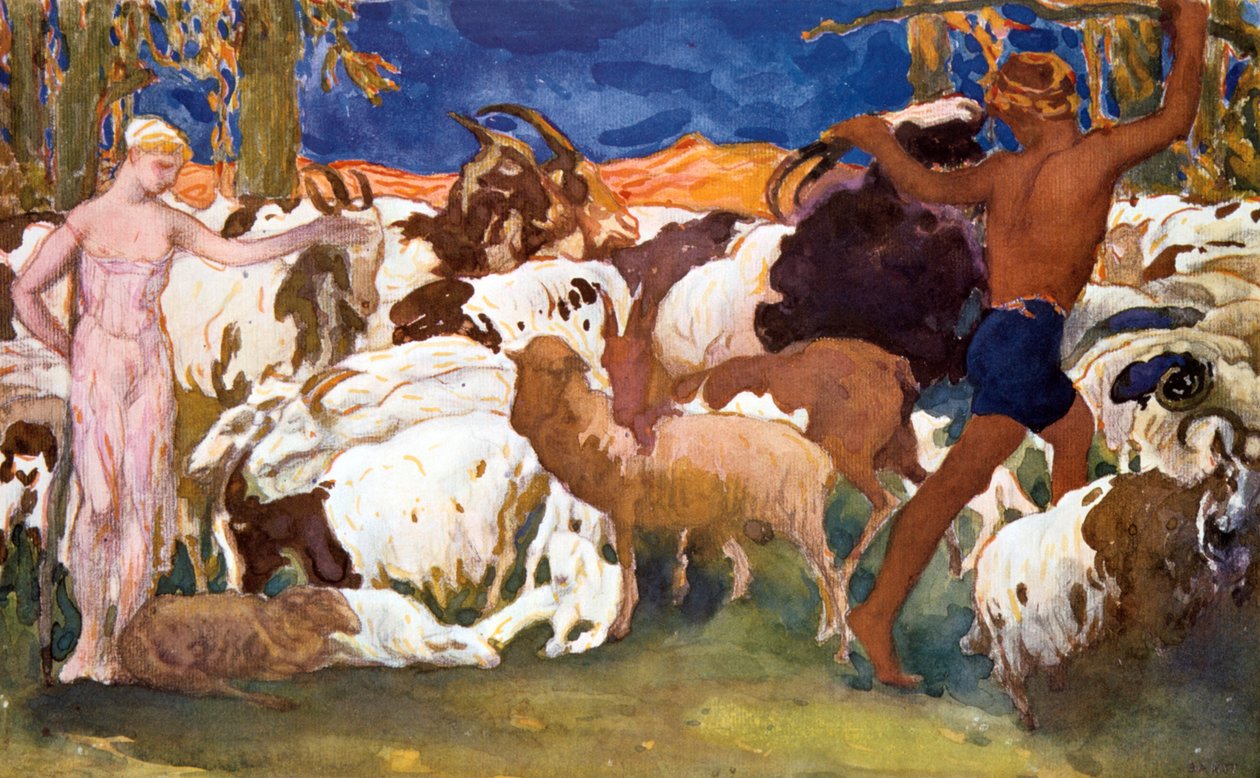 Scénografie pro inscenaci Ballets Russes Ravels Daphnis et Chloe, 1912 od Leon Bakst