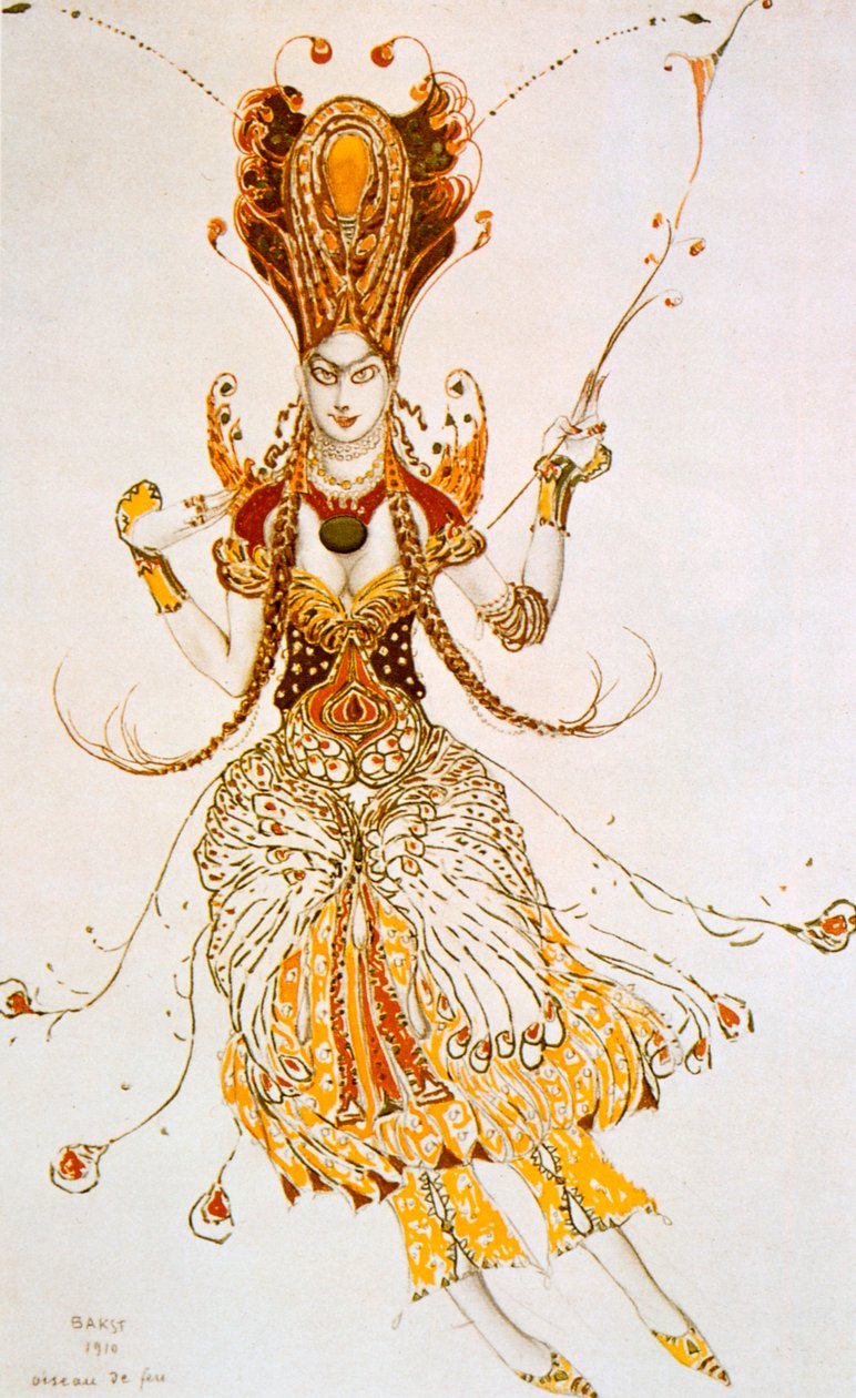 Pták Ohnivák, kostýmní návrh pro Stravinského balet Pták Ohnivák, 1910 od Leon Bakst