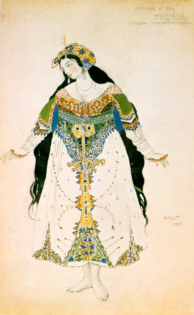 Carevna, kostýmní návrh pro inscenaci Ballets Russes Stravinského Pták Ohnivák, 1910 od Leon Bakst
