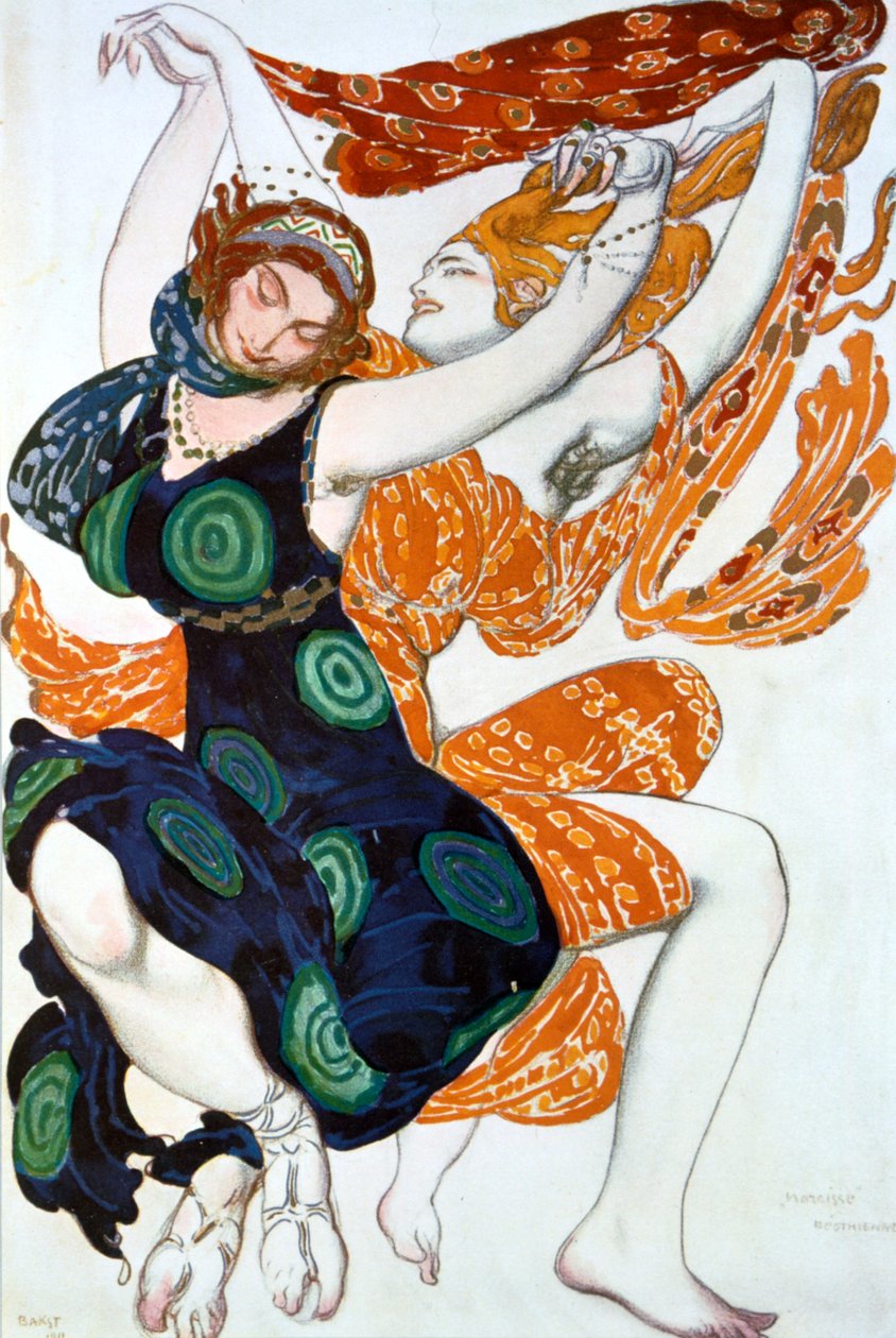 Two Bacchantes, kostýmní návrh pro inscenaci Ballets Russes Tcherepnins Narcisse, 1911 od Leon Bakst