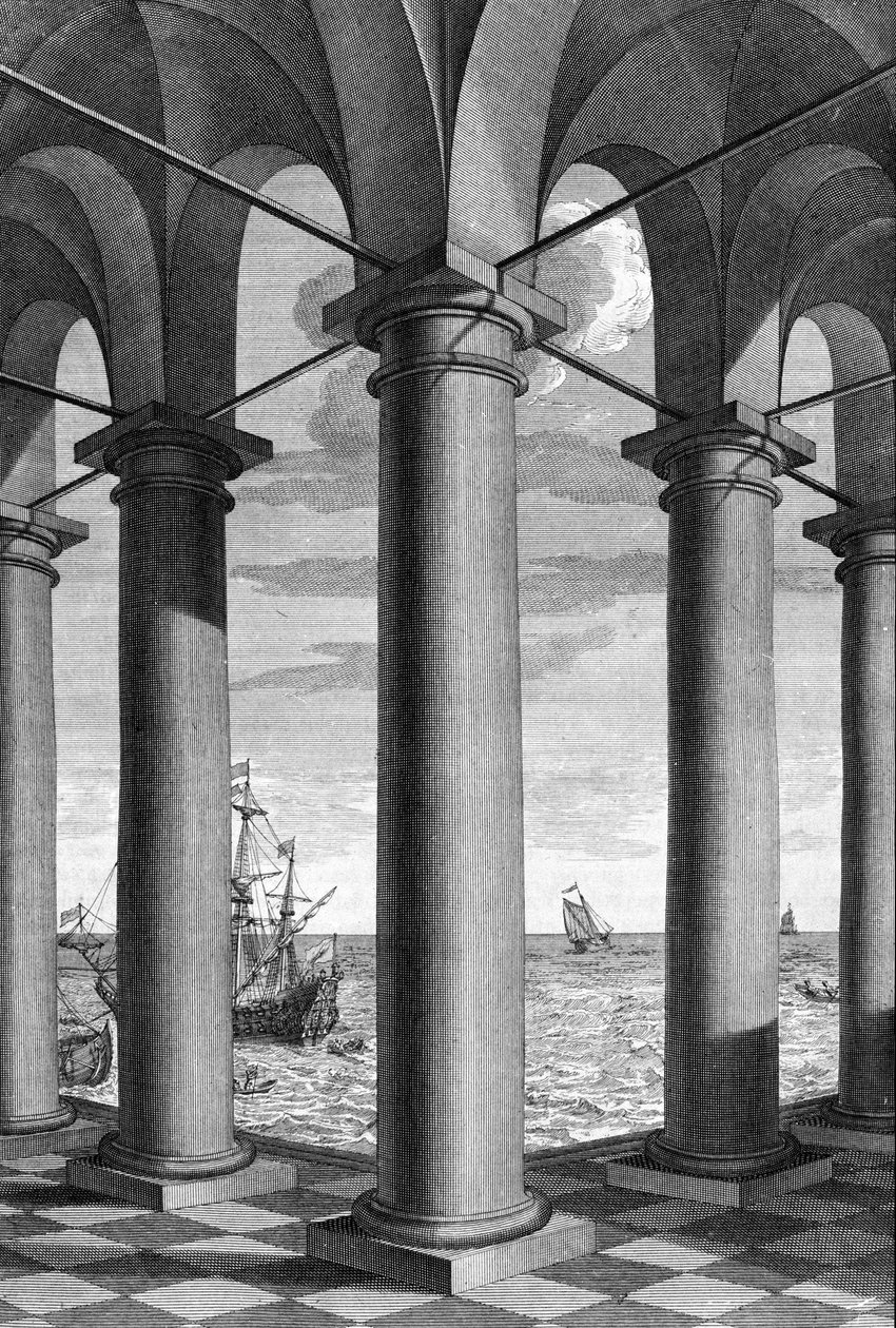 Na architektuře se za budovou podepřenou arkádami objevuje přímořská krajina: deska nakreslená z „De Architectura Libri decem“ od Leona Battisty Albertiho (1404-1472), architekta, matematika, italského básníka renesance, Londýn od Leon Battista Alberti