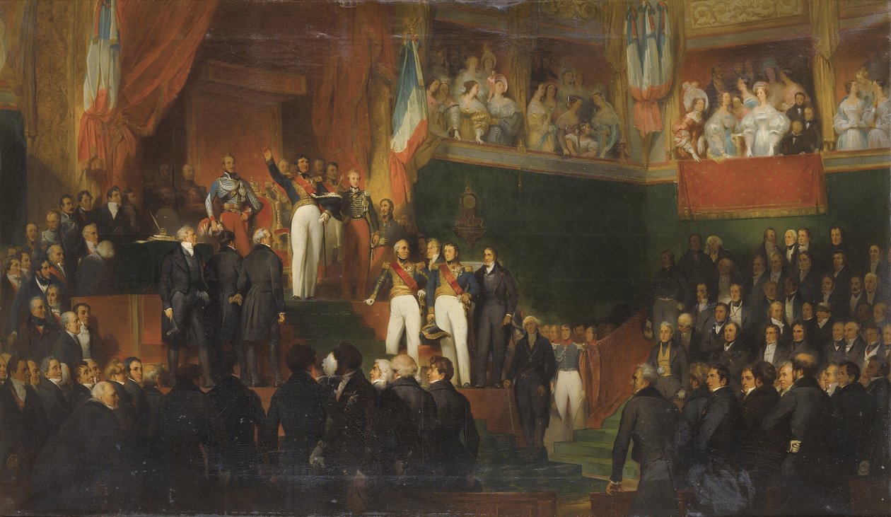 LOUIS-PHILIPPE (1773-1850) PŘÍSAHUJE UDRŽOVAT CHARTU Z ROKU 1830 V PŘÍTOMNOSTI KOMOR, 9. SRPNA 1830 obraz Leon-JEAN-BASILLE PERRAULTA A JEHO ATELIÉR - Louis-Philippe I. jako král složil přísahu Poslanecká sněmovna, 9. srpna 1830 pa od Leon Bazile Perrault