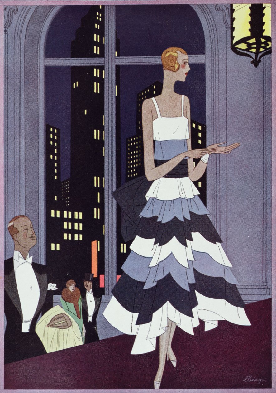 Under the Eyes of New York Skyscrapers, módní deska z časopisu „Femina“, prosinec 1928 (barevné lito) od Leon Benigni