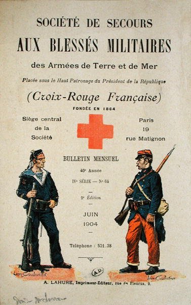 Obálka měsíčního bulletinu „Societe de Secours aux Blesses Militaires des Armees de Terre et de Mer“, červen 1904 (barevně lito) od Leon Couturier
