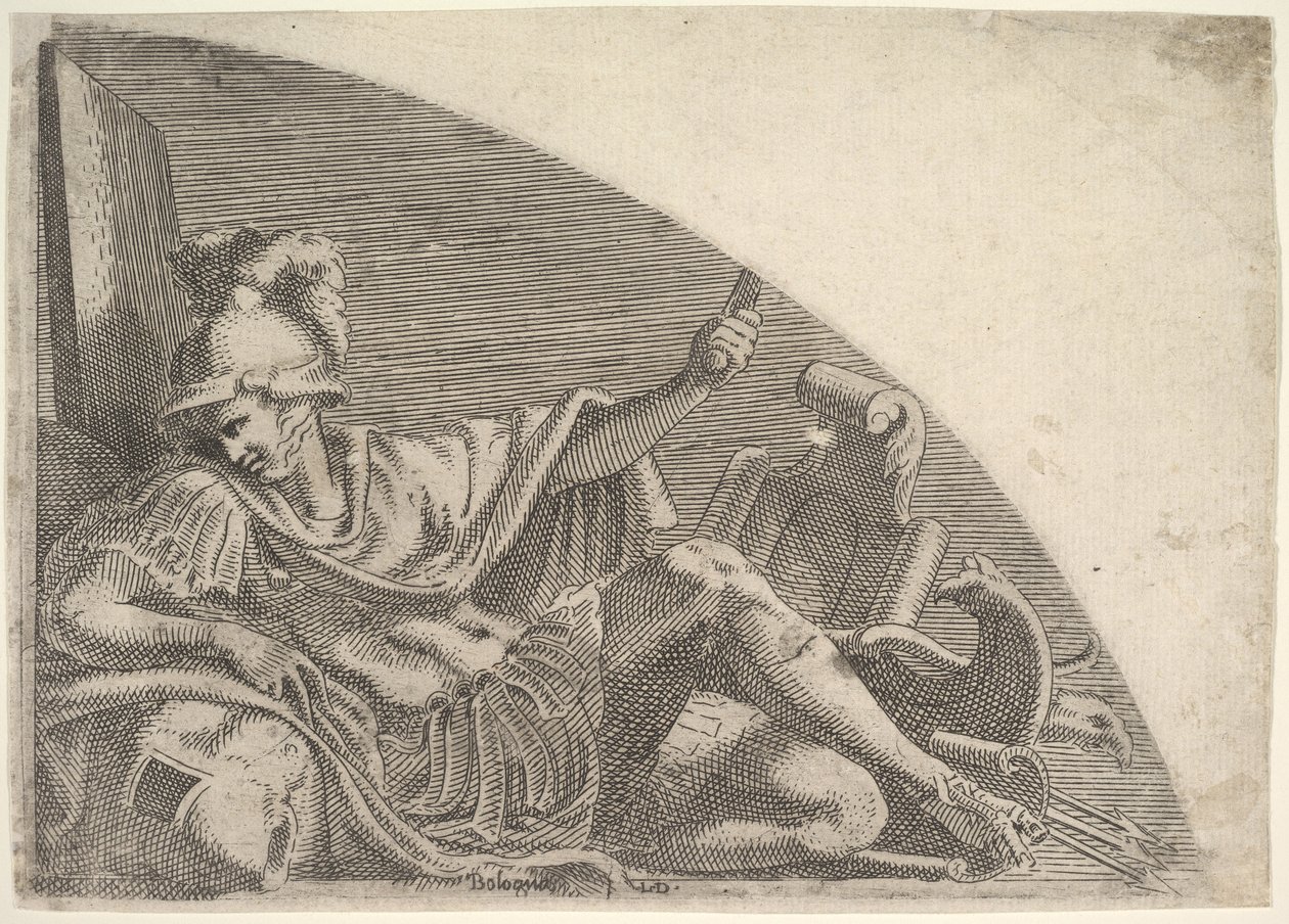 Mars sedící uprostřed trofejí, 1540-56. od Leon Davent