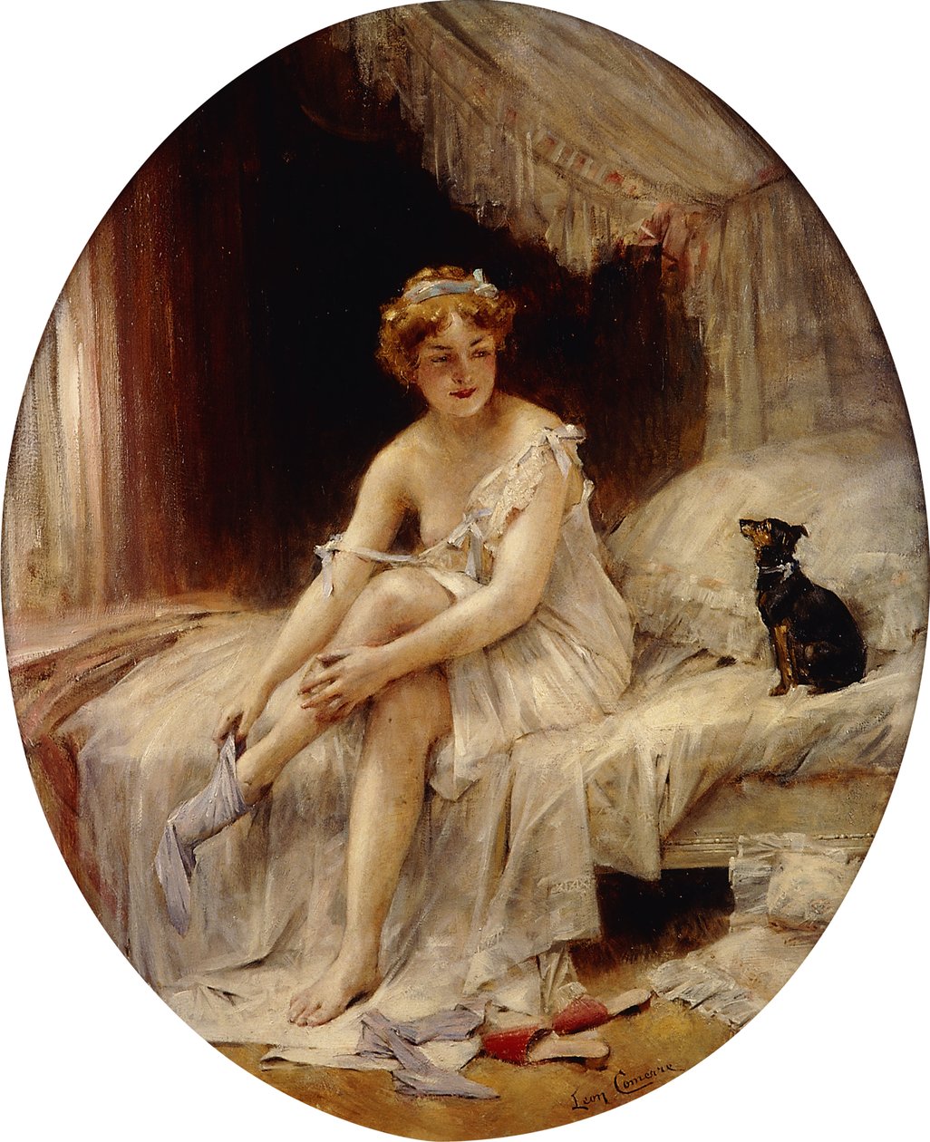 Malá žena si nasazuje punčochy; Petite Femme mettant sa bas, od Leon Francois Comerre