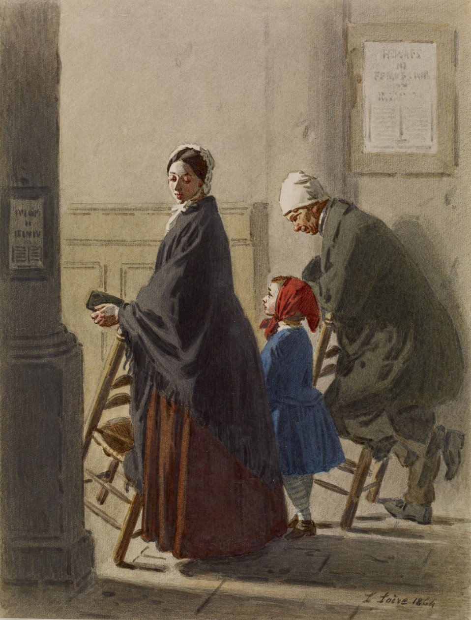 Muž, žena a dívka při modlitbě v kostele, 1864 (wc a grafit na papíře) od Leon Henri Antoine Loire