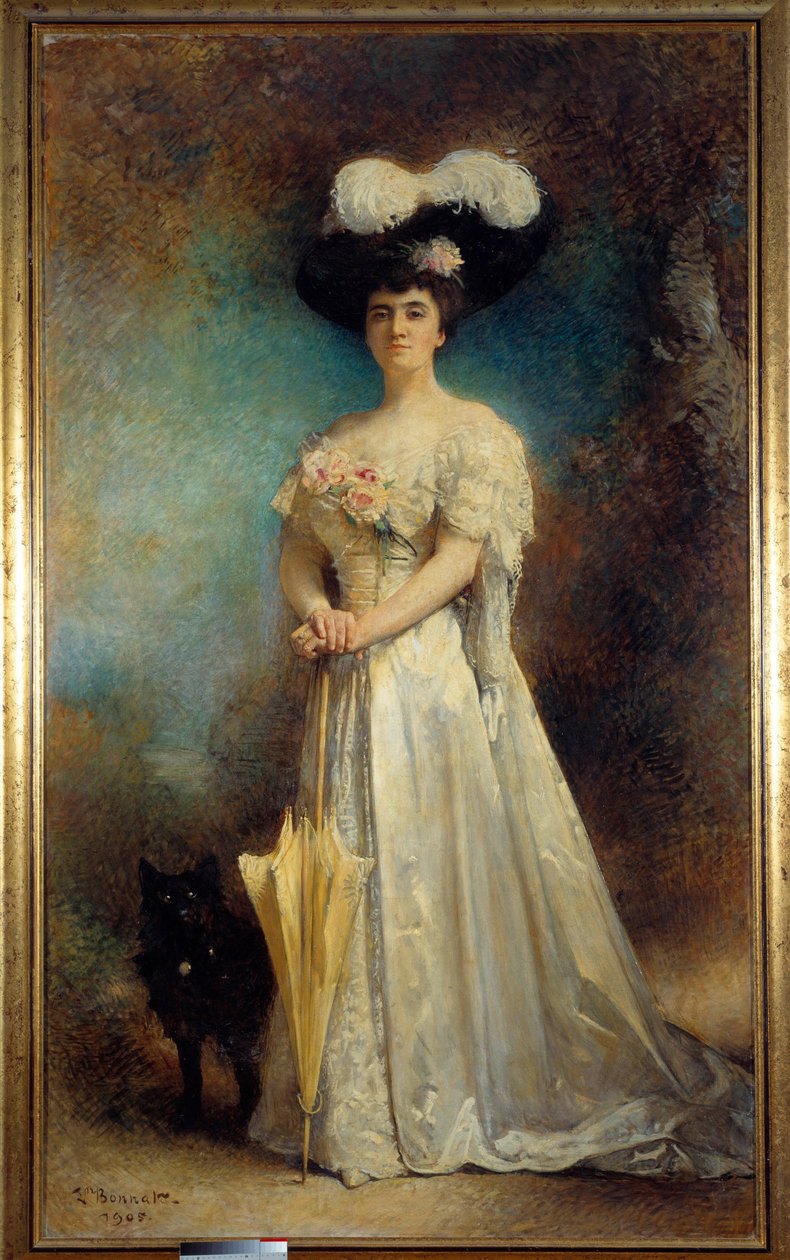 Celovečerní portrét madame Maurice Pascal a jejího psa Tiny Painting od Leona Josepha Bonnata (1833-1922) 1905 Sun. 2,17x0,9 m Pau, muzeum výtvarného umění - Celovečerní portrét Madame Maurice Pascal a jejího psa Tiny. Obraz Leona Josepha Bonnata (1833-191 od Leon Joseph Florentin Bonnat