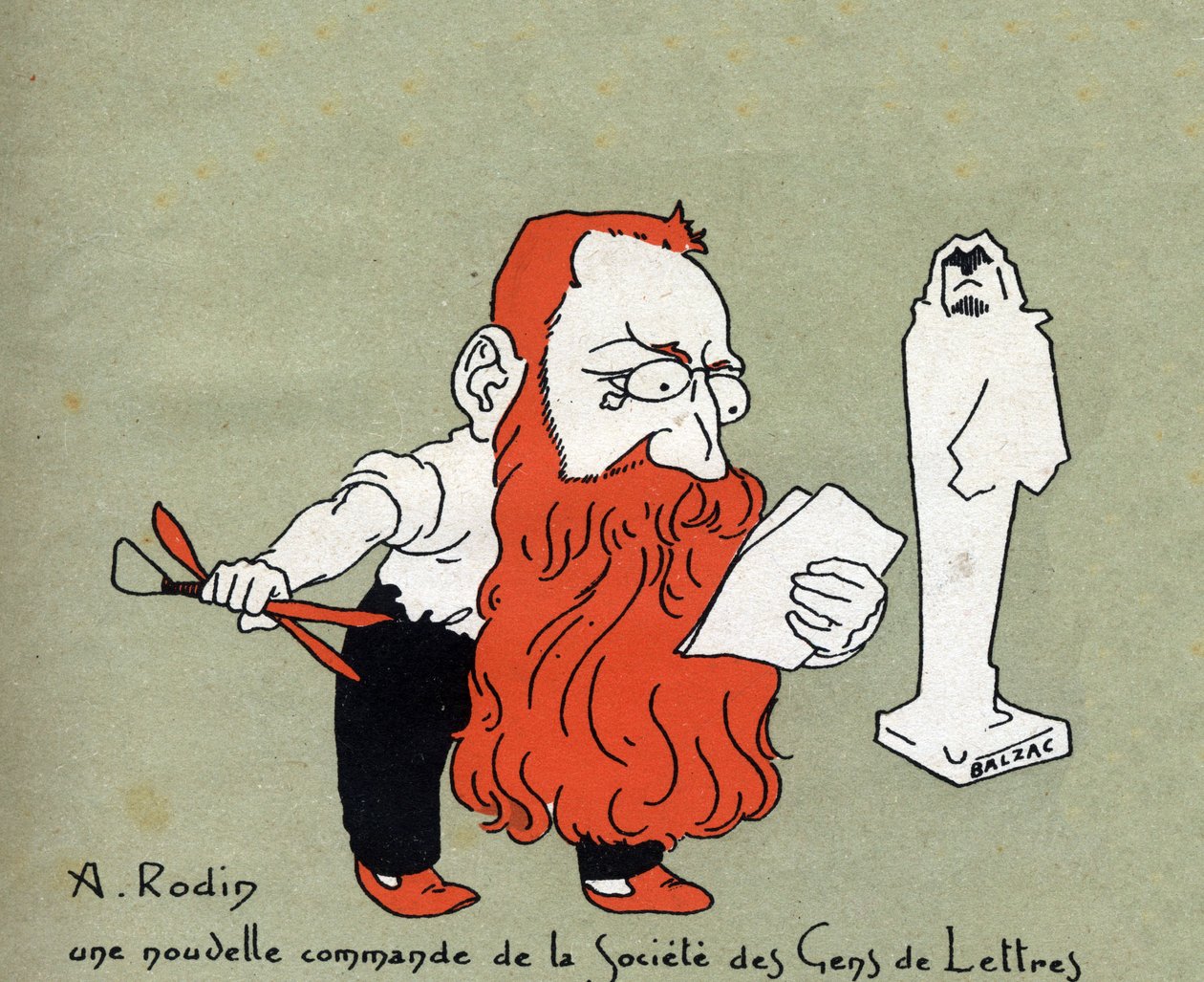 Kreslený film od Augusta Rodina s novou zakázkou od Societe des gens de lettres (Socha od Balzaca) - Ilustrace Leon Lebegue (1863-1944) - Rytina do „“Le sun-du-dimanche““ od Leon Lebegue