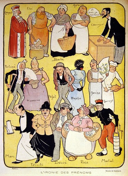 „The Irony of Names“, ilustrace z počátku dvacátého století pro časopis „Le Rire“ (barevné lito) od Leon Lebegue